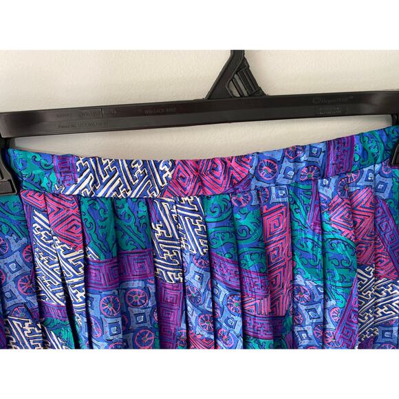 Vintage 80's Blue/Purple Geometric Patchwork Pleated A-Line Skirt Sz 12 - Picture 3 of 5